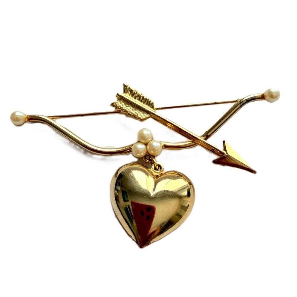 Vintage Gold Tone Cupid Bow and Arrow Brooch Pin Hanging Puffed Heart Charm Love